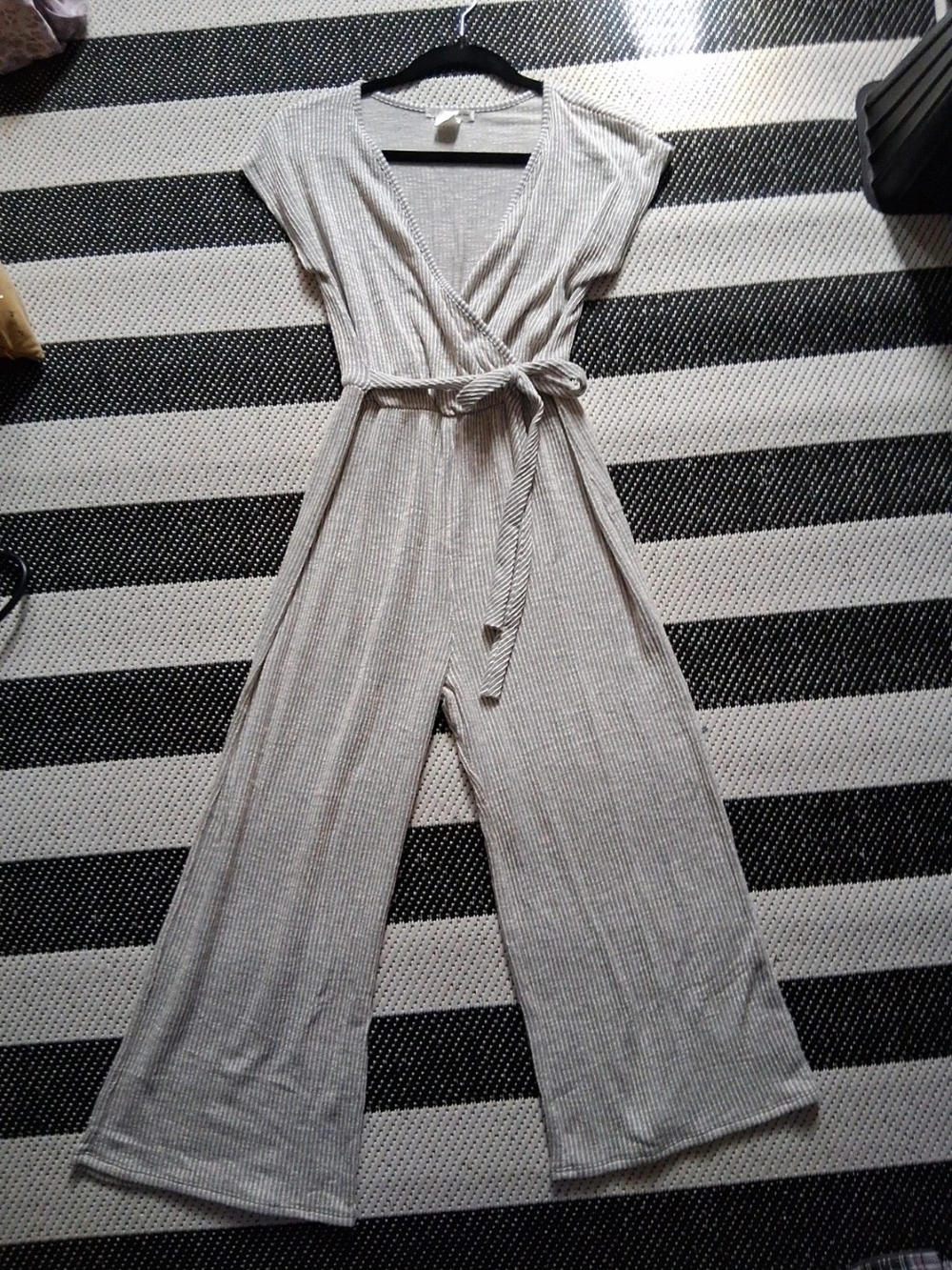 Caution To The Wind Ribbed Wrap Jumpsuit in Light Gray